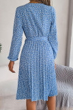 Crew Neck Lantern Sleeves Pleated Floral Dress