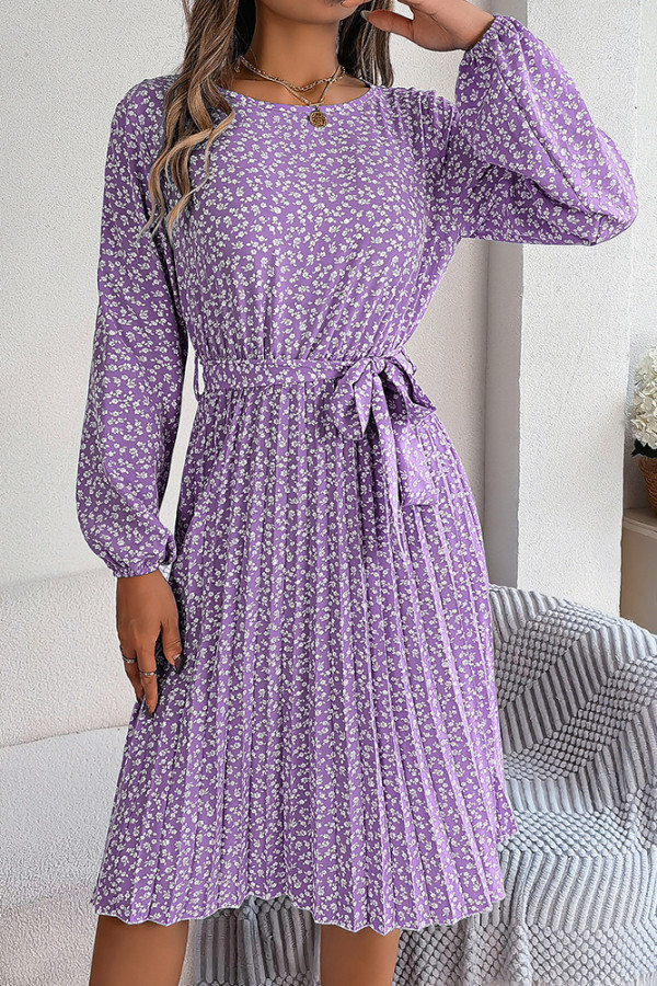 Crew Neck Lantern Sleeves Pleated Floral Dress