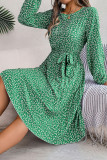 Crew Neck Lantern Sleeves Pleated Floral Dress