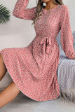 Crew Neck Lantern Sleeves Pleated Floral Dress