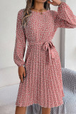 Crew Neck Lantern Sleeves Pleated Floral Dress