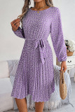 Crew Neck Lantern Sleeves Pleated Floral Dress