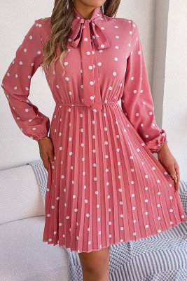 Spot Print Tie Neckline Pleated Dress