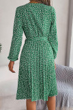 Crew Neck Lantern Sleeves Pleated Floral Dress