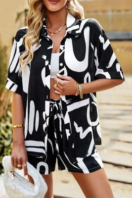 Abstract Print Button Up Blouse With Shorts 2pcs Set