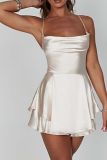 Plain Swing Collar Backless Ruffles Dress