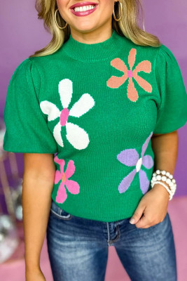 Bright Green Floral Bubble Short Sleeve Sweater