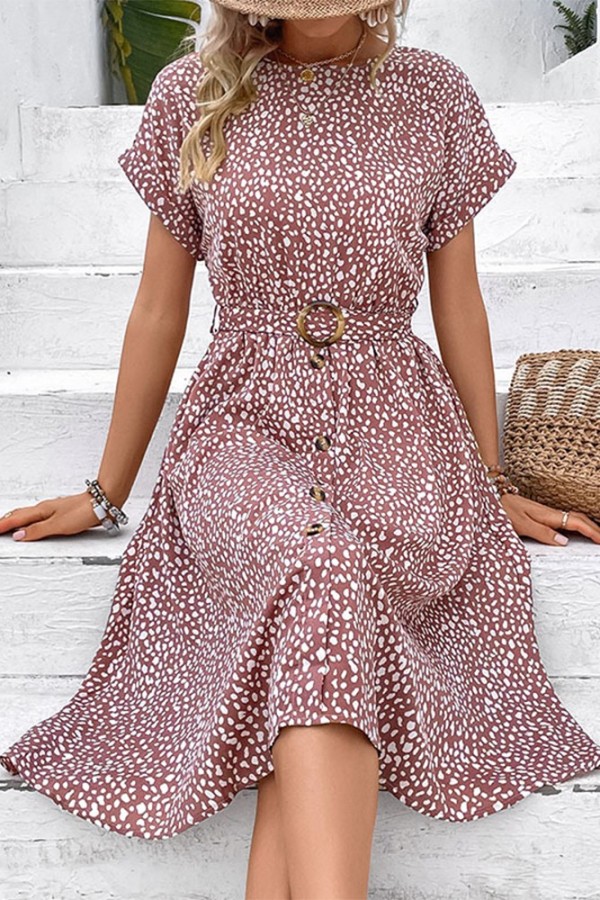Pale Pink Leopard Print Buttoned Midi Dress With Sash