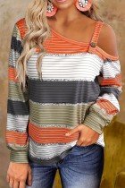 Multicolor Striped One Shoulder Strappy Long Sleeves Top