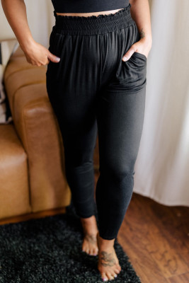 Black Plus Size Frill High Wasit Pocketed Soft Pants