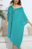 Plain V Neck Crochet Knit Splicing Beach Dress