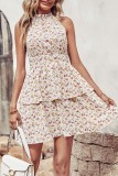 High Collar Halter Ruffles Floral Dress
