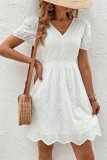 White Eyelet Pattern V Neck Puff Dress