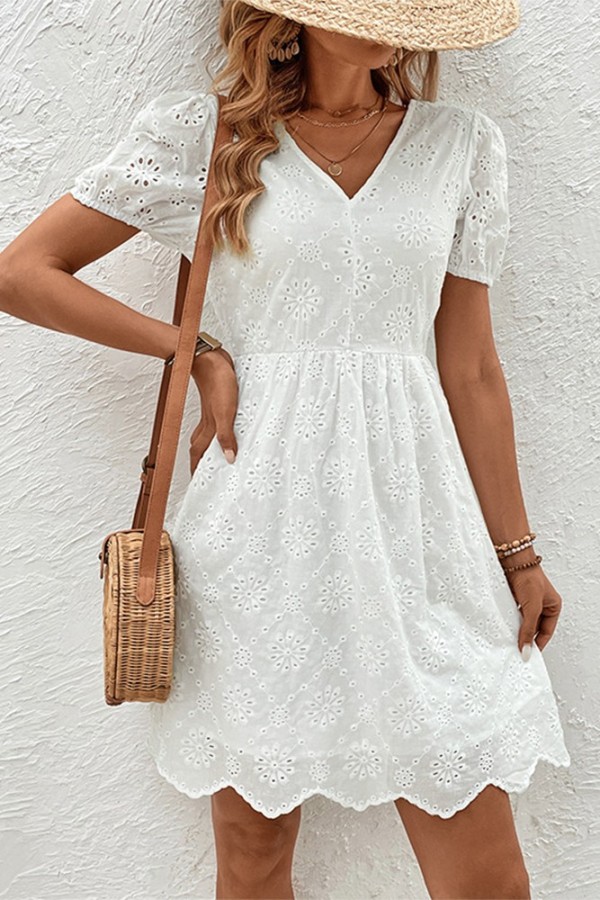 White Eyelet Pattern V Neck Puff Dress