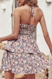 High Collar Halter Ruffles Floral Dress
