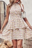High Collar Halter Ruffles Floral Dress