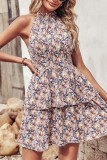 High Collar Halter Ruffles Floral Dress