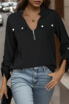 Black V Neck Zipper Down Blouse