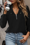 Black V Neck Zipper Down Blouse