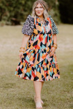 Pink Contrast Puff Sleeve Abstract Print Tiered Plus Size Dress