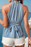 Blue Jacquard Spot High Collar Babydoll Tank Top