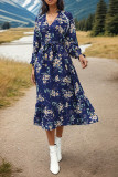 Dark Blue Split Collar Button Down Floral Dress