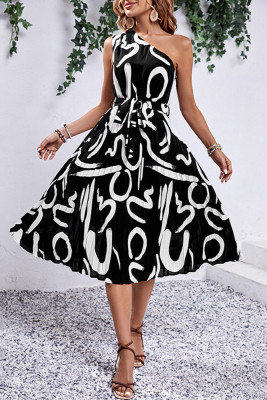 Black Printed One Shoulder Pleated Dress With Sash