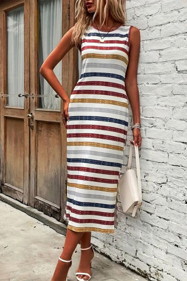 Multicolor Striped Print Sleeveless Maxi Dress