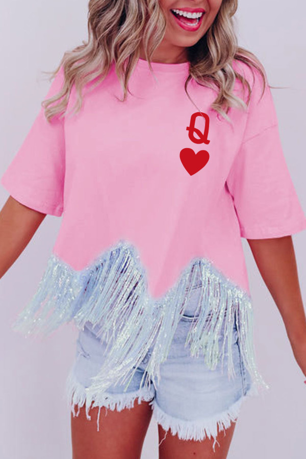 Pink Queen Card Sequin Fringed Hem T-shirt