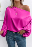 Bright Pink Asymmetrical Neck Balloon Sleeve Satin Blouse