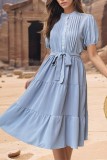 Blue Buttoned Down Puff Ruffles Midi Dress With Sash