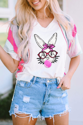 White Easter Rabbit Striped Sleeve Loose Tee
