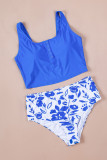 Blue Square Neck Sleeveless Fashion Print Tankini Set