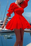 Eyelet Ruffle Plain Mini Dress