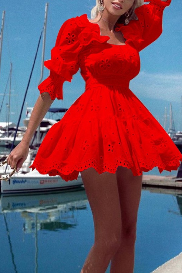 Eyelet Ruffle Plain Mini Dress
