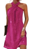 Plain Sequin Halter Swing Dress