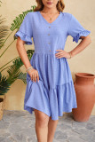 Plain Jacquard Spot V Neck Buttoned Ruffles Dress