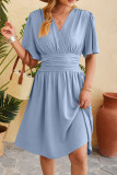 Plain V Neck Flare Sleeves High Waist Dress