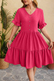 Plain Jacquard Spot V Neck Buttoned Ruffles Dress