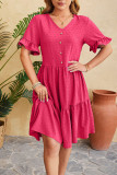 Plain Jacquard Spot V Neck Buttoned Ruffles Dress