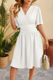 Plain V Neck Flare Sleeves High Waist Dress