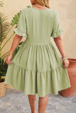 Plain Jacquard Spot V Neck Buttoned Ruffles Dress
