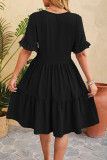 Plain Jacquard Spot V Neck Buttoned Ruffles Dress