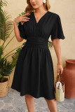 Plain V Neck Flare Sleeves High Waist Dress