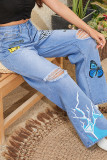 Blue Ripped Printing Denim Jeans