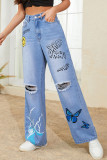 Blue Ripped Printing Denim Jeans
