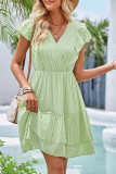 Plain Texture Wrap V Neck Ruffles Dress