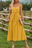 Plain Ruched Front Tie Spaghetti Strap Maxi Dress