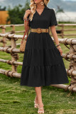 Plain V Neck Turn Down Collar Ruffles Maxi Dress