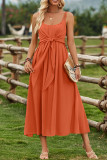 Plain Ruched Front Tie Spaghetti Strap Maxi Dress